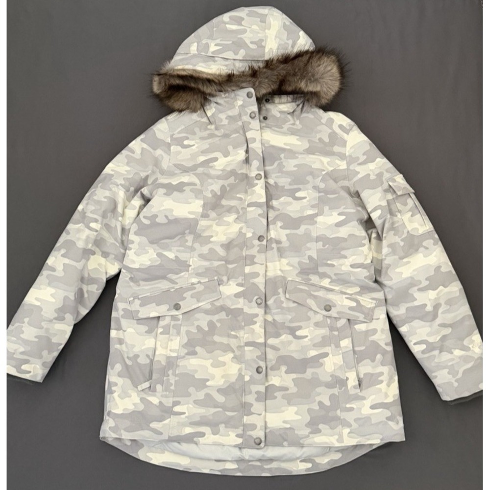 Eddie Bauer Down Coat Womens Size XL Gray Camo Hooded Stadium Parka NWOT!
